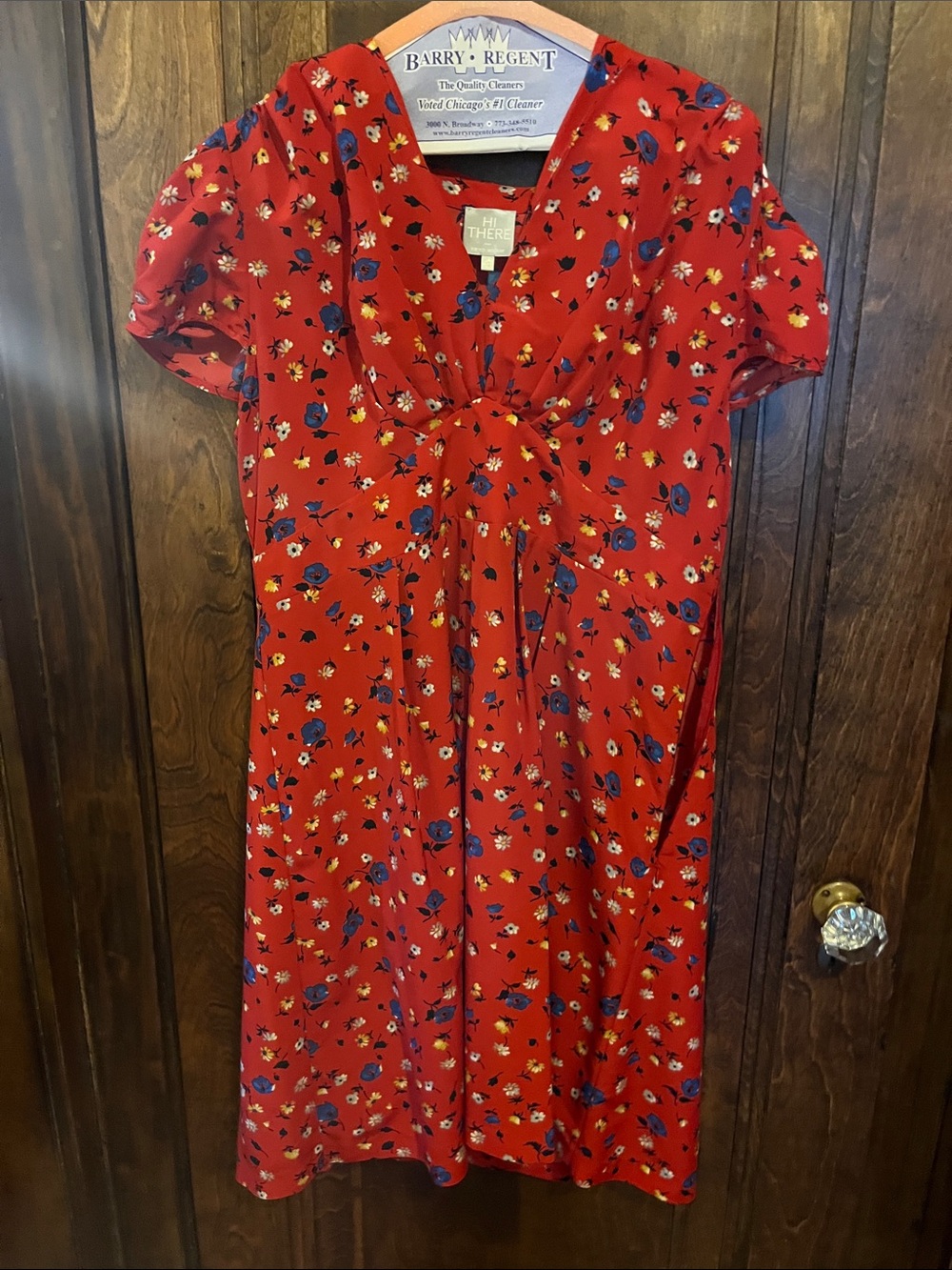 Anthropologie Red Floral Midi Dress with Blue & Yellow Accents
